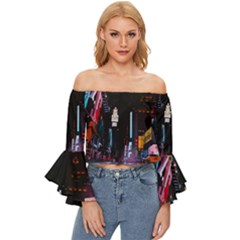 Roadway Surrounded Building During Nighttime Off Shoulder Flutter Bell Sleeve Top