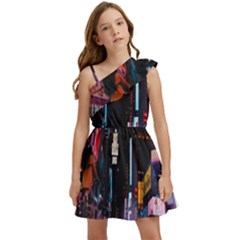 Roadway Surrounded Building During Nighttime Kids  One Shoulder Party Dress