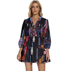 Roadway Surrounded Building During Nighttime V-Neck Placket Mini Dress