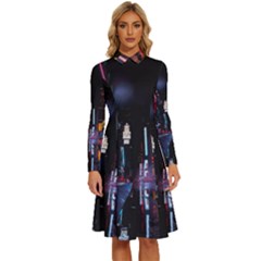 Roadway Surrounded Building During Nighttime Long Sleeve Shirt Collar A-Line Dress