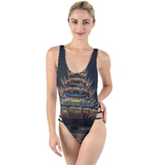 Blue Yellow And Green Lighted Pagoda Tower High Leg Strappy Swimsuit by Modalart