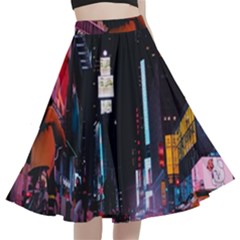 Roadway Surrounded Building During Nighttime A-Line Full Circle Midi Skirt With Pocket