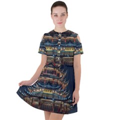 Blue Yellow And Green Lighted Pagoda Tower Short Sleeve Shoulder Cut Out Dress  by Modalart