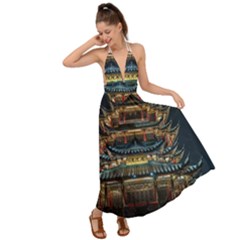 Blue Yellow And Green Lighted Pagoda Tower Backless Maxi Beach Dress by Modalart