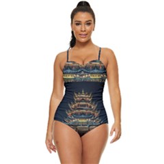 Blue Yellow And Green Lighted Pagoda Tower Retro Full Coverage Swimsuit by Modalart