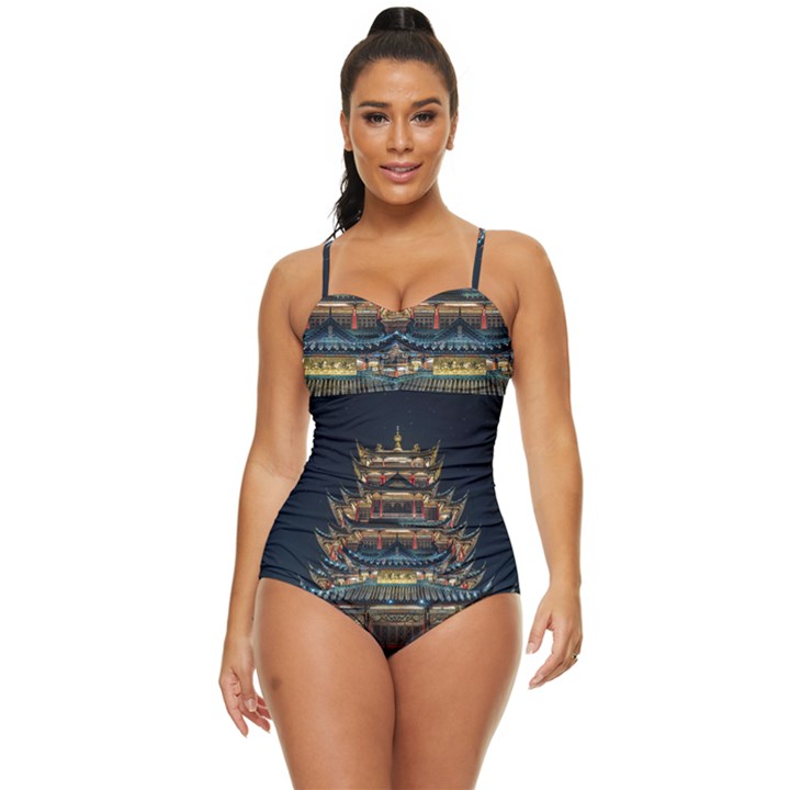 Blue Yellow And Green Lighted Pagoda Tower Retro Full Coverage Swimsuit