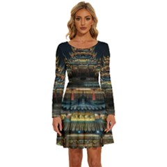 Blue Yellow And Green Lighted Pagoda Tower Long Sleeve Wide Neck Velvet Dress by Modalart