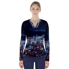 Aerial Photography Of Lighted High Rise Buildings V-neck Long Sleeve Top by Modalart