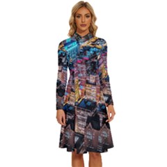 Aerial Photo Of Cityscape At Night Long Sleeve Shirt Collar A-line Dress
