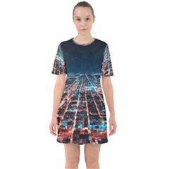 Aerial Shot Of Buildings Sixties Short Sleeve Mini Dress