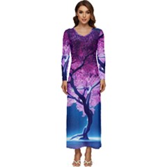 Beautiful Tree Flowers Long Sleeve Longline Maxi Dress