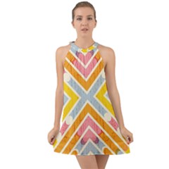 Line Pattern Cross Print Repeat Halter Tie Back Chiffon Dress by Amaryn4rt