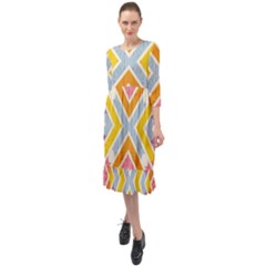 Line Pattern Cross Print Repeat Ruffle End Midi Chiffon Dress by Amaryn4rt