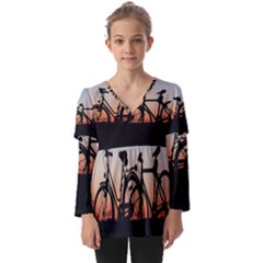 Bicycles Wheel Sunset Love Romance Kids  V Neck Casual Top by Amaryn4rt