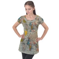 Vintage World Map Puff Sleeve Tunic Top by Ndabl3x