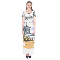 Poster Map Flag Lotus Boat Short Sleeve Maxi Dress by Grandong