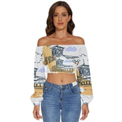 Poster Map Flag Lotus Boat Long Sleeve Crinkled Weave Crop Top by Grandong