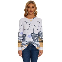 Poster Map Flag Lotus Boat Long Sleeve Crew Neck Pullover Top