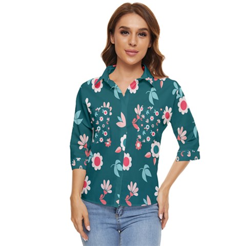 Cute Flowers Seamless Model Spring Women s Quarter Sleeve Pocket Shirt by Grandong