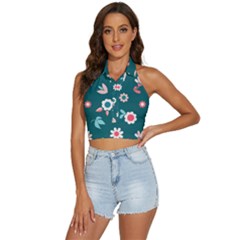 Cute Flowers Seamless Model Spring Backless Halter Cami Shirt