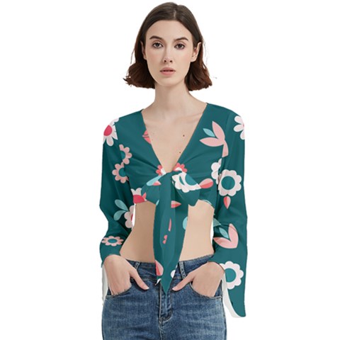 Cute Flowers Seamless Model Spring Trumpet Sleeve Cropped Top by Grandong