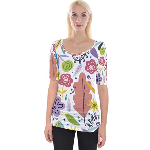 Flowers Spring Background Wallpaper Wide Neckline T-shirt by Grandong