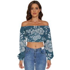 Flowers Design Floral Pattern Long Sleeve Crinkled Weave Crop Top