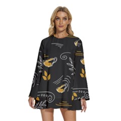 Leaves Coffee Digital Paper Cup Round Neck Long Sleeve Bohemian Style Chiffon Mini Dress by Grandong