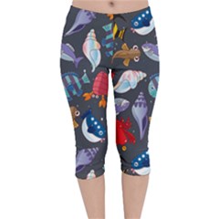 Sea Animals Pattern Wallpaper Fish Velvet Capri Leggings 