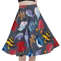 Sea Animals Pattern Wallpaper Fish A-line Full Circle Midi Skirt With Pocket by Grandong