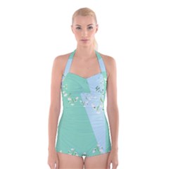 Flowers Branch Corolla Wreath Lease Boyleg Halter Swimsuit  by Grandong