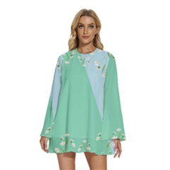 Flowers Branch Corolla Wreath Lease Round Neck Long Sleeve Bohemian Style Chiffon Mini Dress