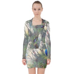 Peafowl Peacock Bird Birds Painting Art Wildlife V-neck Bodycon Long Sleeve Dress by Sarkoni