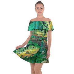 Peacock Bass Fishing Off Shoulder Velour Dress