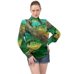 Peacock Bass Fishing High Neck Long Sleeve Chiffon Top