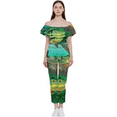 Peacock Bass Fishing Bardot Ruffle Jumpsuit by Sarkoni