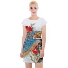 Birds Peacock Artistic Colorful Flower Painting Cap Sleeve Bodycon Dress by Sarkoni