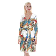 Birds Peacock Artistic Colorful Flower Painting Long Sleeve Velvet Front Wrap Dress