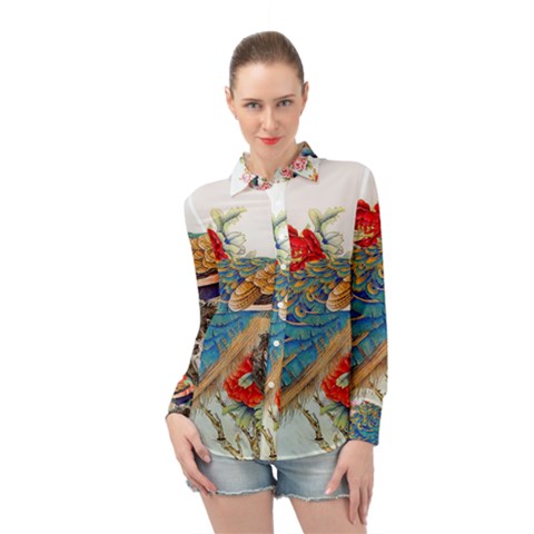 Birds Peacock Artistic Colorful Flower Painting Long Sleeve Chiffon Shirt by Sarkoni