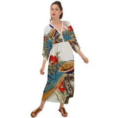 Birds Peacock Artistic Colorful Flower Painting Grecian Style  Maxi Dress