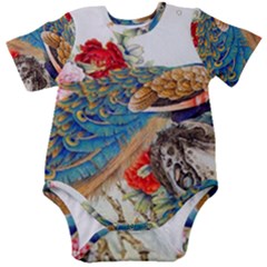 Birds Peacock Artistic Colorful Flower Painting Baby Short Sleeve Bodysuit by Sarkoni