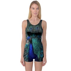 Blue And Green Peacock One Piece Boyleg Swimsuit