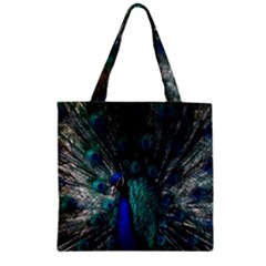 Blue And Green Peacock Zipper Grocery Tote Bag