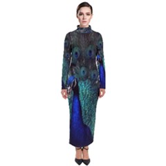 Blue And Green Peacock Turtleneck Maxi Dress