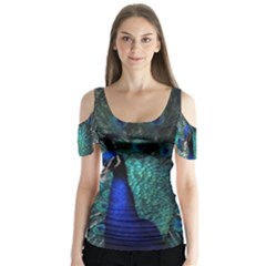 Blue And Green Peacock Butterfly Sleeve Cutout T-Shirt 