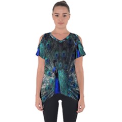Blue And Green Peacock Cut Out Side Drop T-Shirt