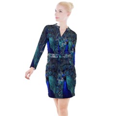 Blue And Green Peacock Button Long Sleeve Dress