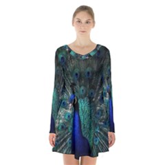 Blue And Green Peacock Long Sleeve Velvet V-neck Dress