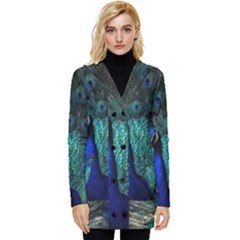 Blue And Green Peacock Button Up Hooded Coat 