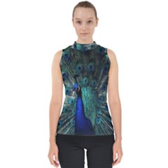 Blue And Green Peacock Mock Neck Shell Top